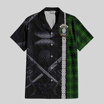 MacArthur (McArthur) Tartan Short Sleeve Button Shirt with Family Crest Cross Sword Thistle Celtic Vibes