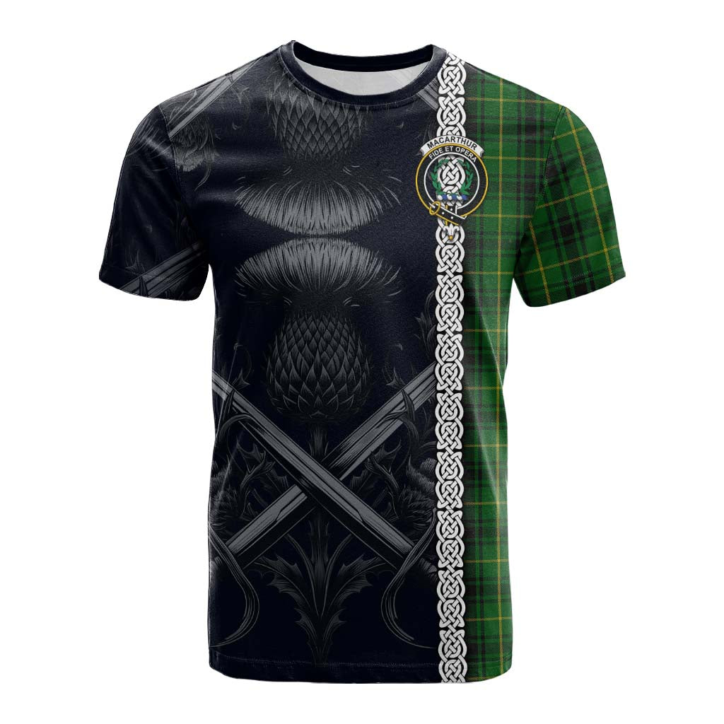 Tartan Vibes Clothing MacArthur (McArthur) Tartan Cotton T-shirt with Family Crest Cross Sword Thistle Celtic Vibes