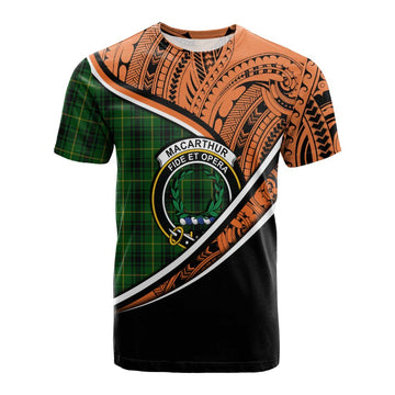 MacArthur (McArthur) Crest Tartan Cotton T-shirt with Polynesian Vibes Style - Orange Version