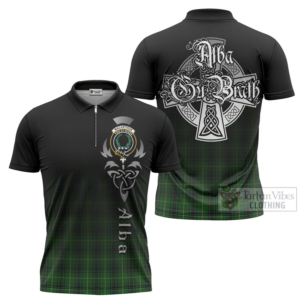 Tartan Vibes Clothing MacArthur (McArthur) Tartan Zipper Polo Shirt Featuring Alba Gu Brath Family Crest Celtic Inspired