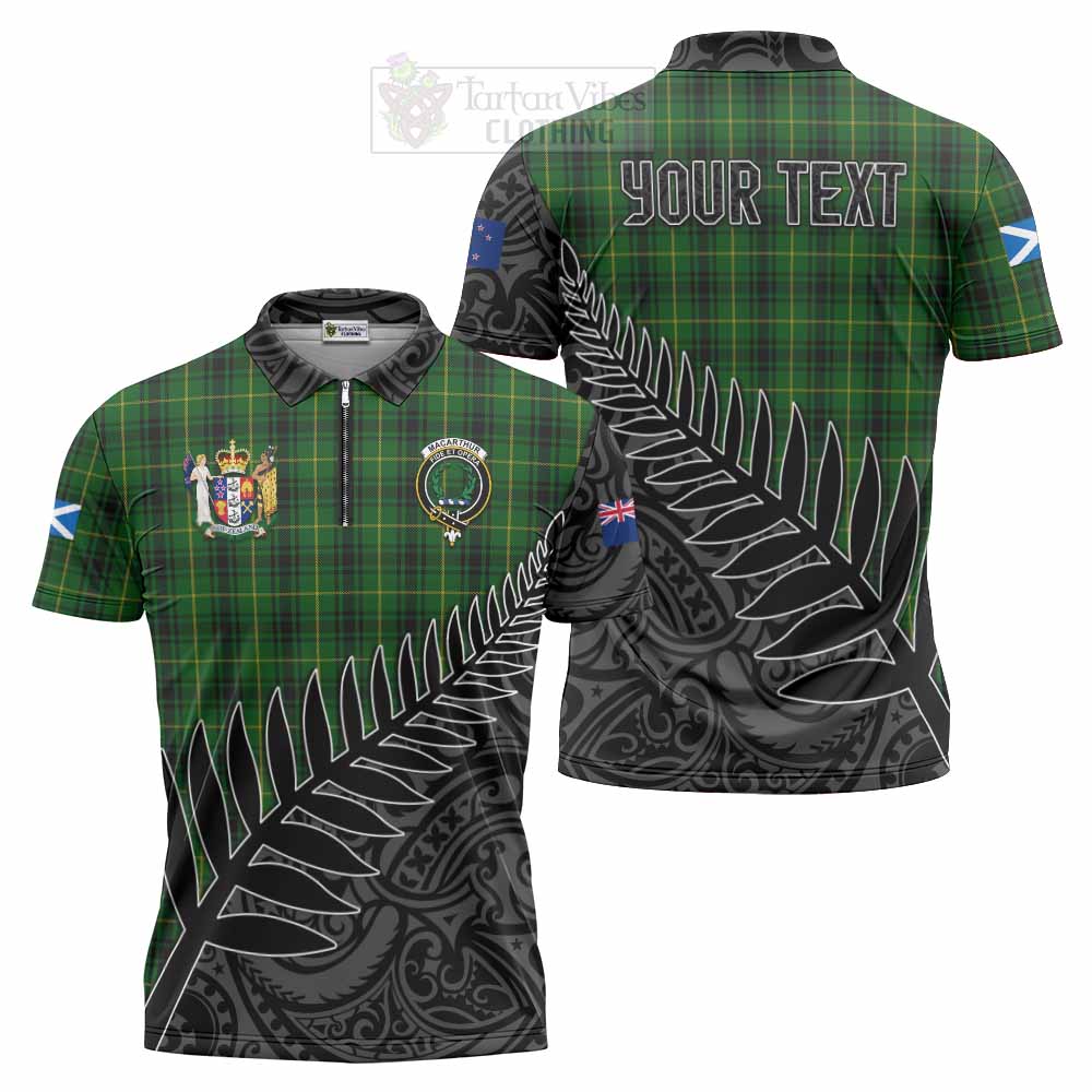 Tartan Vibes Clothing MacArthur (McArthur) Crest Tartan Zipper Polo Shirt with New Zealand Silver Fern Half Style