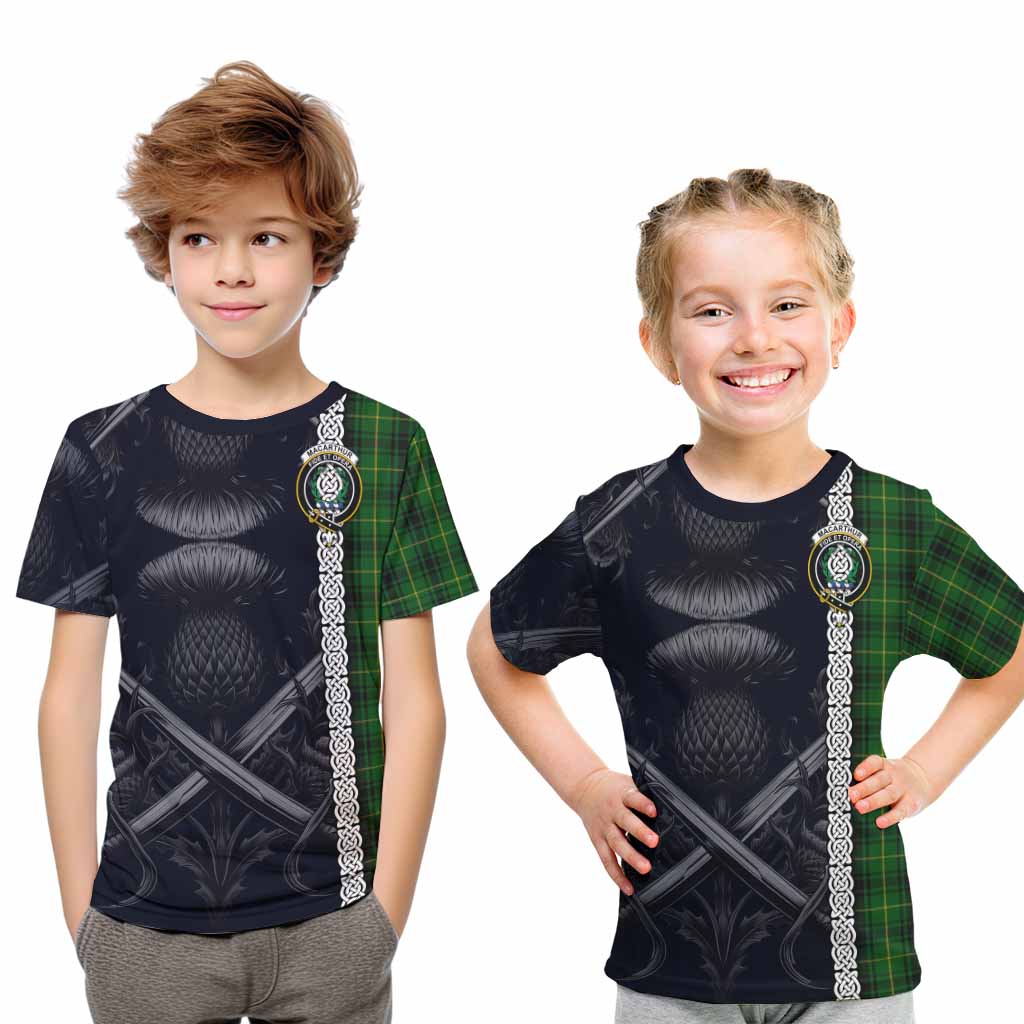 Tartan Vibes Clothing MacArthur (McArthur) Tartan Kid T-Shirt with Family Crest Cross Sword Thistle Celtic Vibes