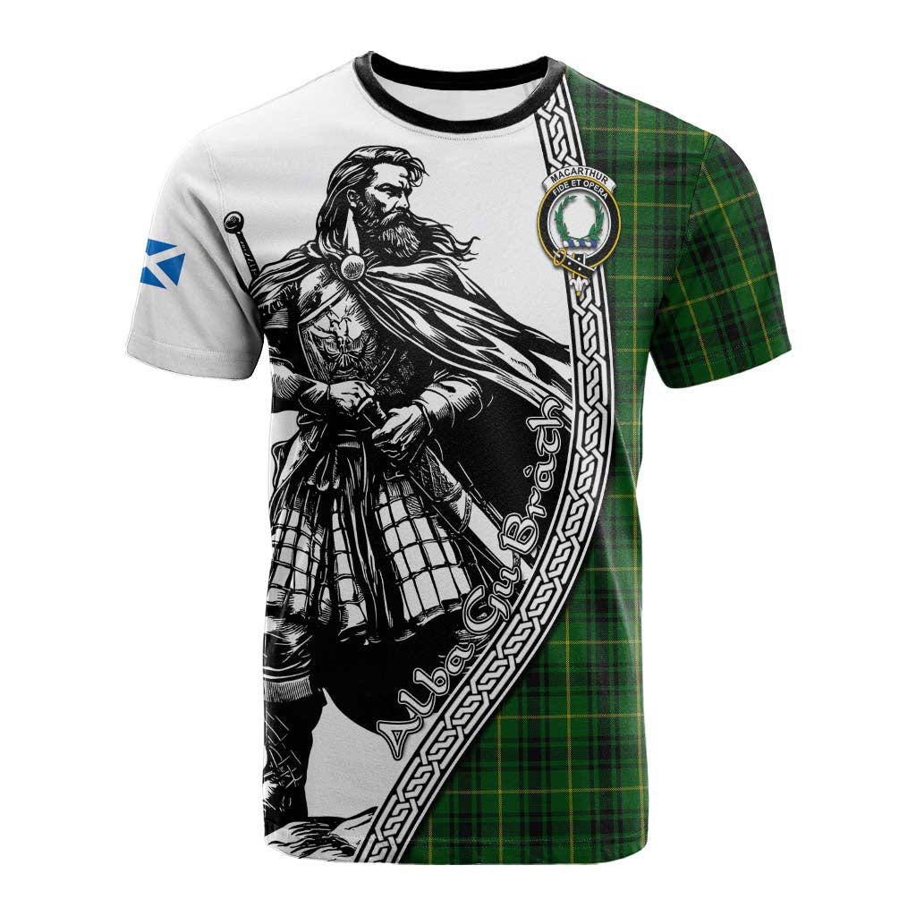 MacArthur (McArthur) Tartan Clan Crest Cotton T-shirt with Highlander Warrior Celtic Style