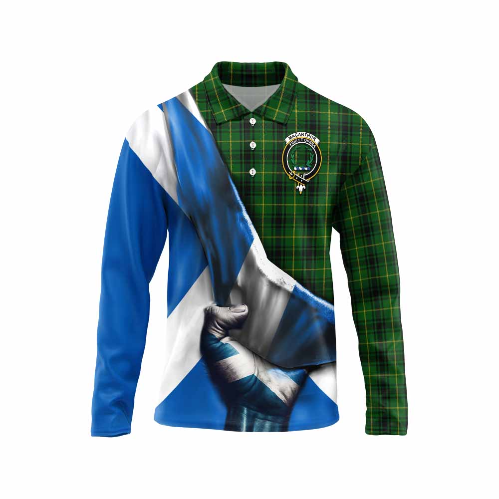 Tartan Vibes Clothing MacArthur (McArthur) Tartan Long Sleeve Polo Shirt with Family Crest Scotland Patriotic Style