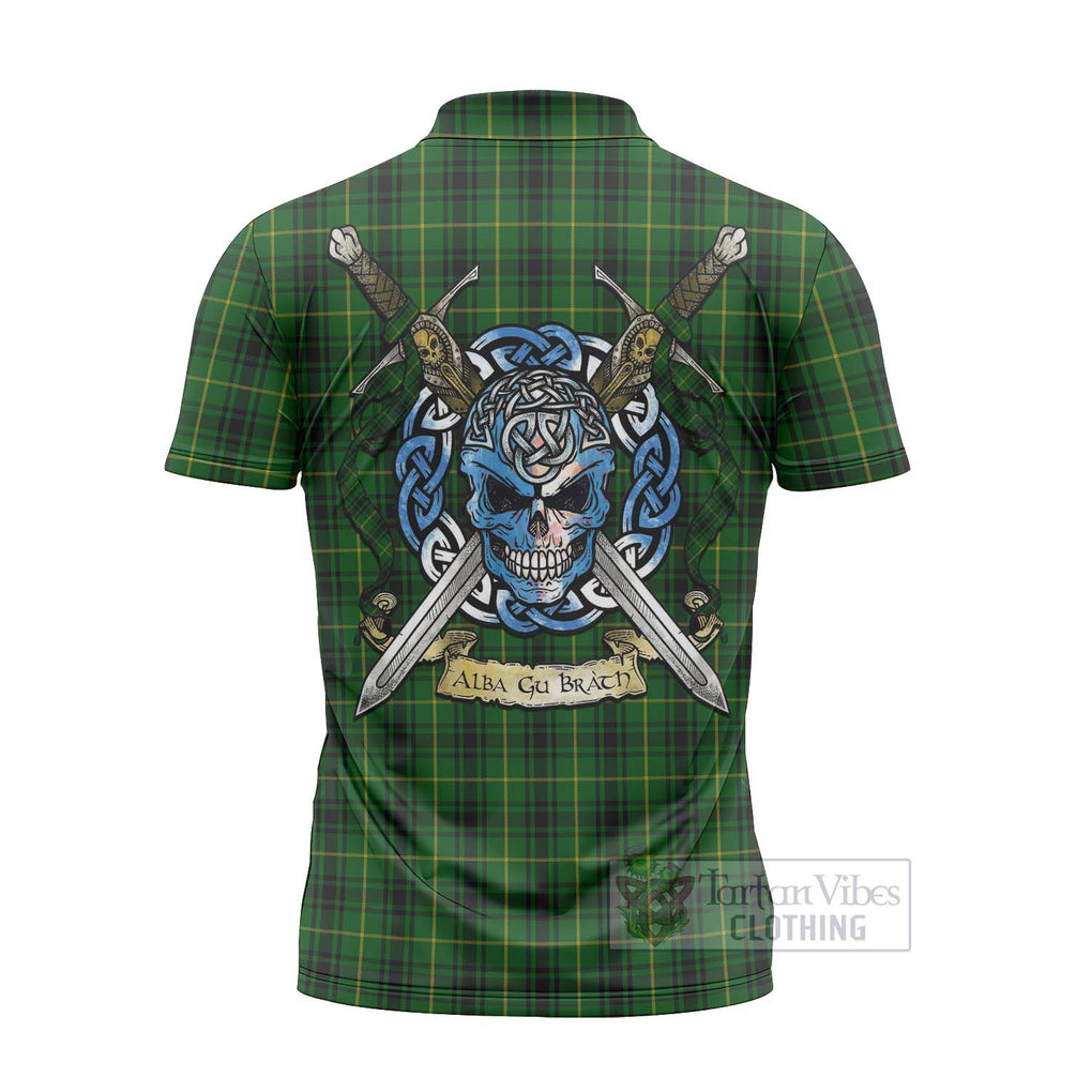 Tartan Vibes Clothing MacArthur (McArthur) Tartan Zipper Polo Shirt with Family Crest Celtic Skull Style