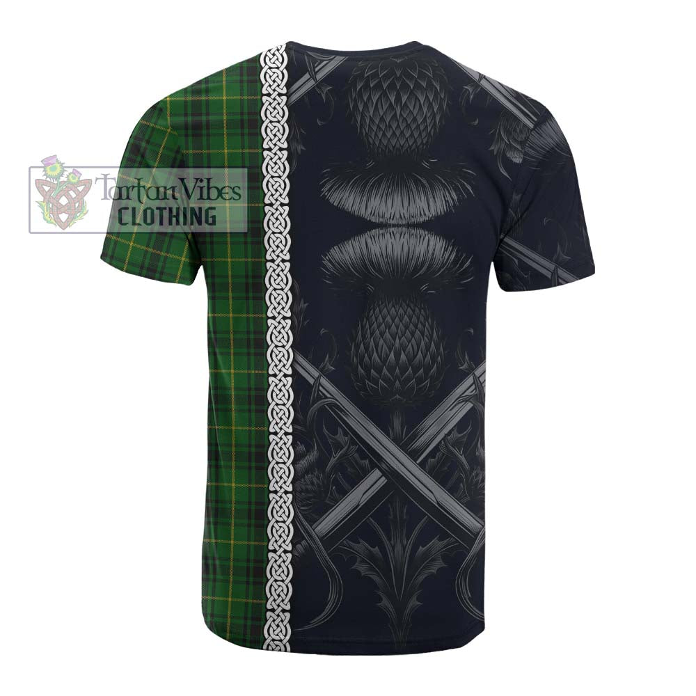 Tartan Vibes Clothing MacArthur (McArthur) Tartan Cotton T-shirt with Family Crest Cross Sword Thistle Celtic Vibes