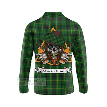 MacArthur (McArthur) Tartan Long Sleeve Polo Shirt with Family Crest and Bearded Skull Holding Bottles of Whiskey