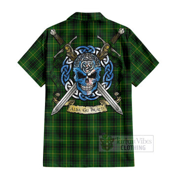 MacArthur (McArthur) Tartan Short Sleeve Button Shirt with Family Crest Celtic Skull Style