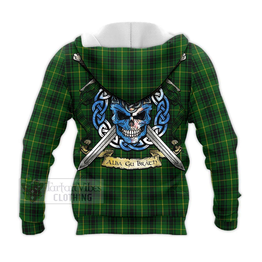 Tartan Vibes Clothing MacArthur (McArthur) Tartan Knitted Hoodie with Family Crest Celtic Skull Style