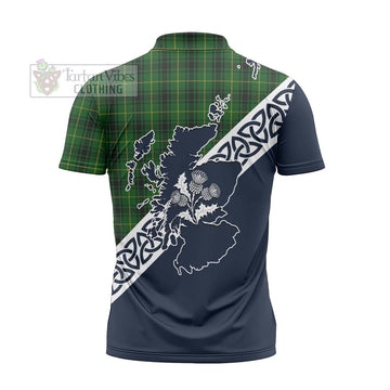 MacArthur (McArthur) Tartan Zipper Polo Shirt Featuring Thistle and Scotland Map