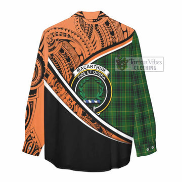 MacArthur (McArthur) Crest Tartan Women's Casual Shirt with Polynesian Vibes Style - Orange Version