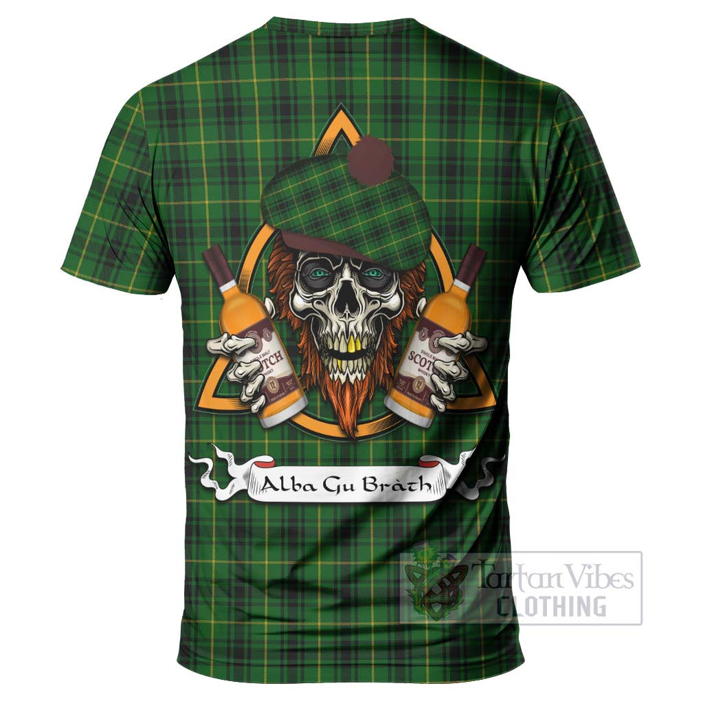 Tartan Vibes Clothing MacArthur (McArthur) Tartan T-Shirt with Family Crest and Bearded Skull Holding Bottles of Whiskey