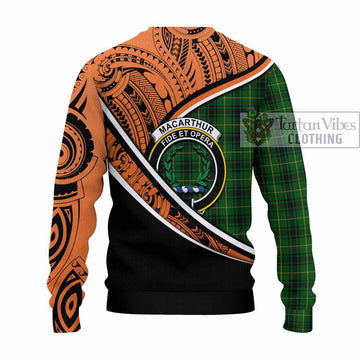 MacArthur (McArthur) Crest Tartan Knitted Sweater with Polynesian Vibes Style - Orange Version