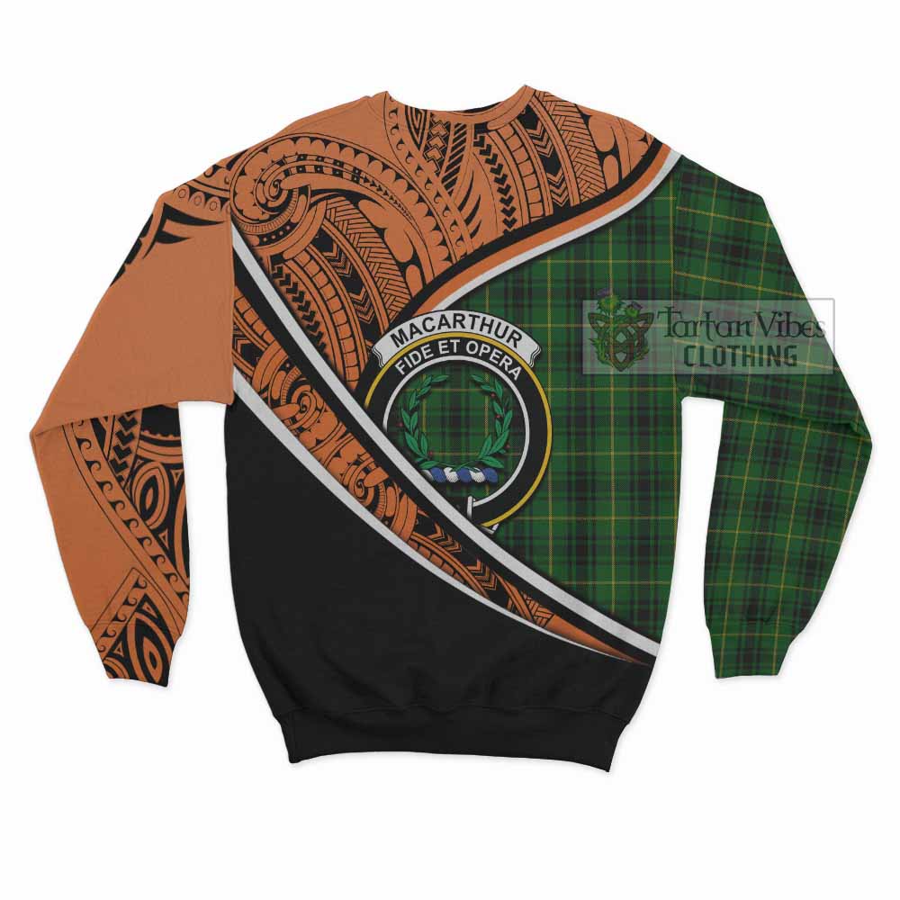 Tartan Vibes Clothing MacArthur (McArthur) Crest Tartan Sweatshirt with Maori Tattoo Style - Orange Version