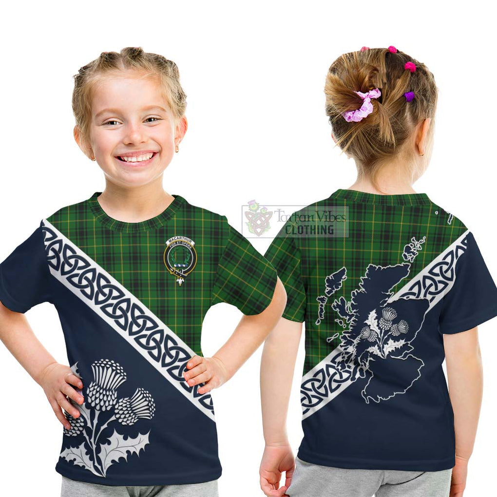 Tartan Vibes Clothing MacArthur (McArthur) Tartan Kid T-Shirt Featuring Thistle and Scotland Map