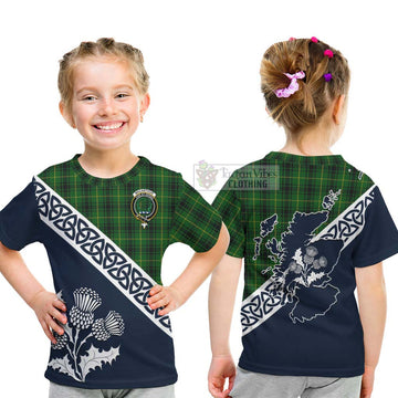 MacArthur (McArthur) Tartan Kid T-Shirt Featuring Thistle and Scotland Map