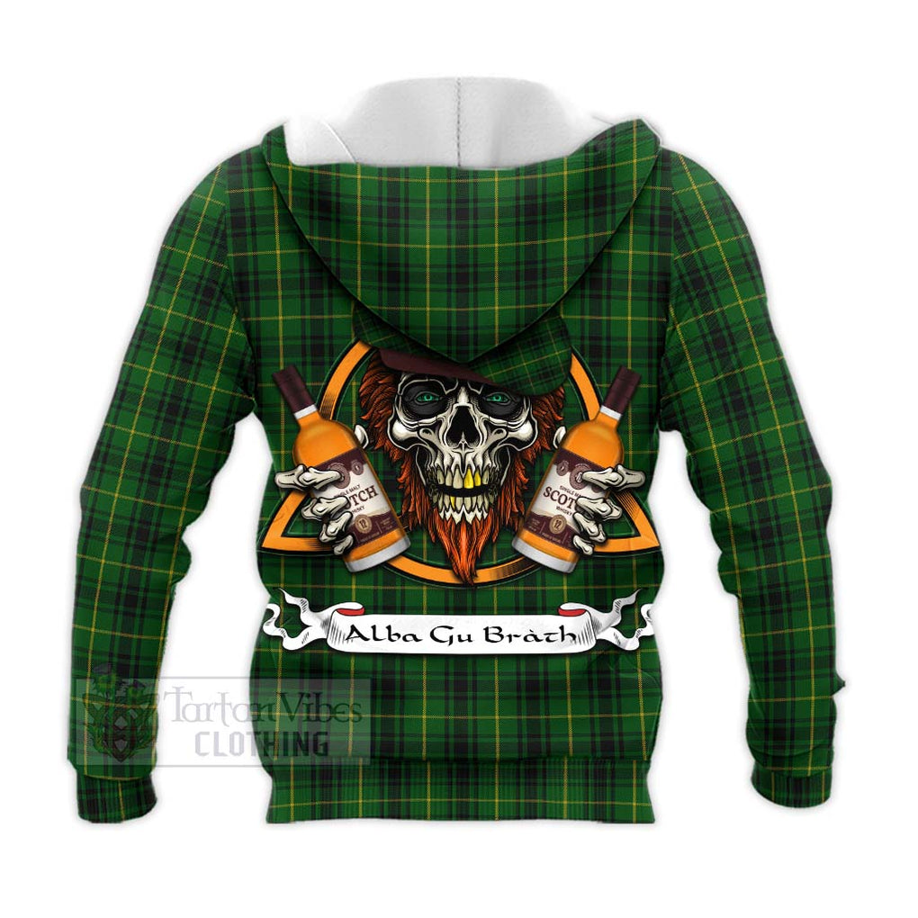 Tartan Vibes Clothing MacArthur (McArthur) Tartan Knitted Hoodie with Family Crest and Bearded Skull Holding Bottles of Whiskey