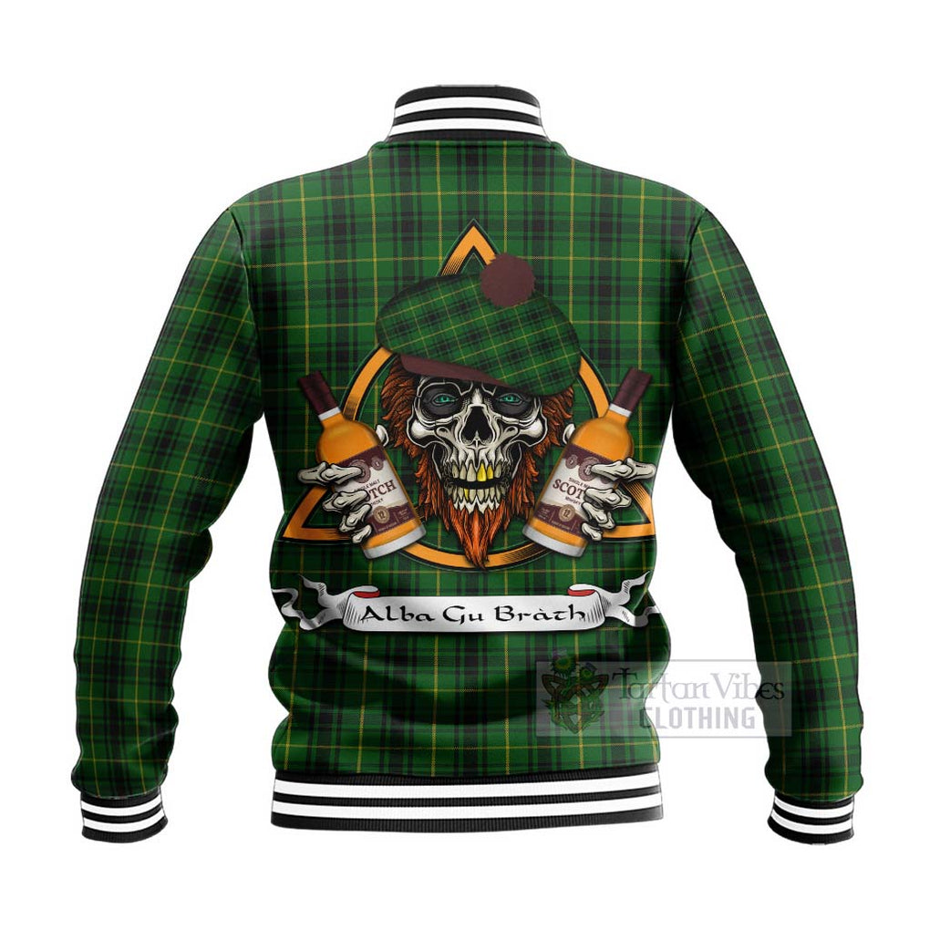 Tartan Vibes Clothing MacArthur (McArthur) Tartan Baseball Jacket with Family Crest and Bearded Skull Holding Bottles of Whiskey