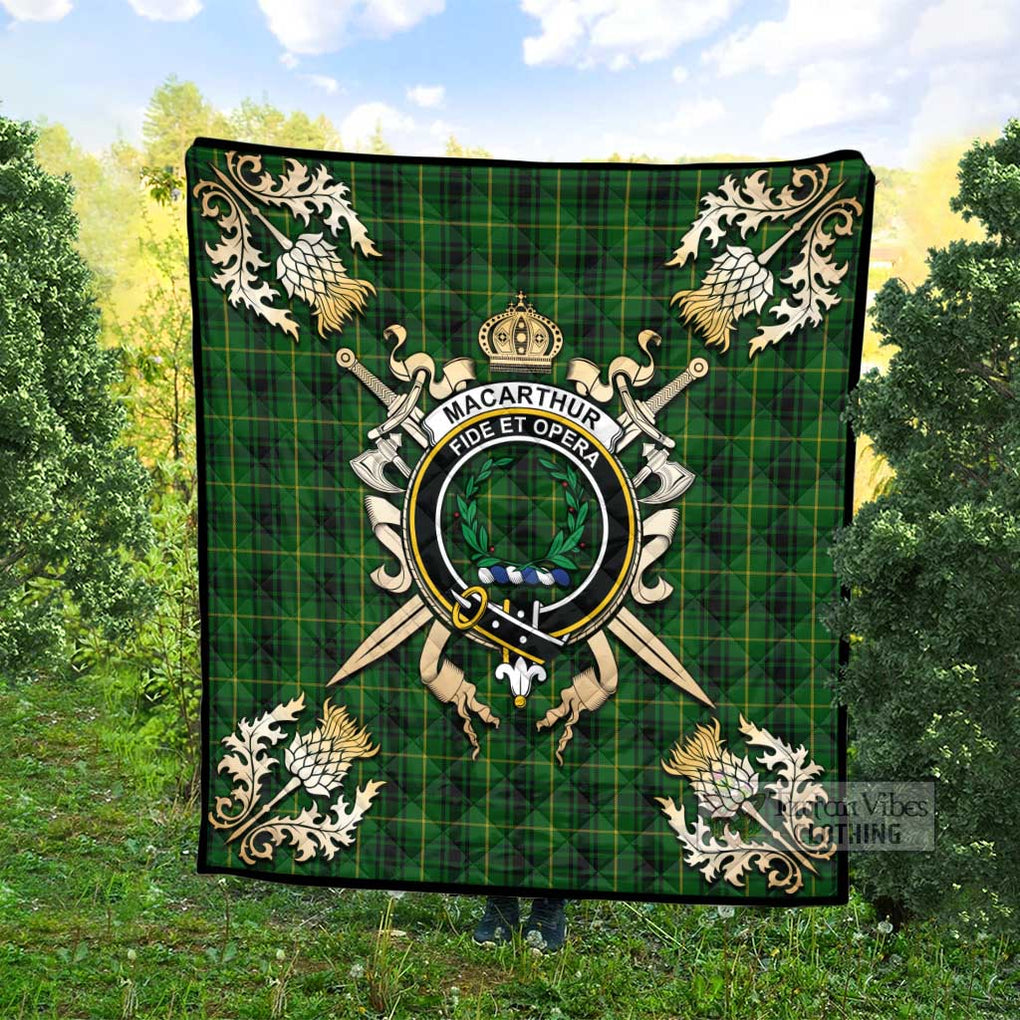 Tartan Vibes Clothing MacArthur (McArthur) Tartan Quilt with Family Crest and Scottish Golden Courage Shield