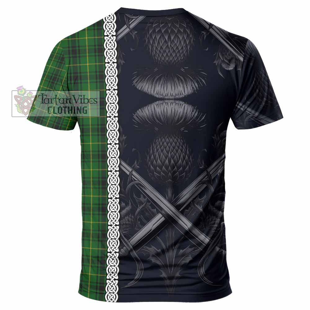 Tartan Vibes Clothing MacArthur (McArthur) Tartan T-Shirt with Family Crest Cross Sword Thistle Celtic Vibes