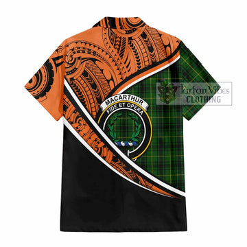 MacArthur (McArthur) Crest Tartan Short Sleeve Button Shirt with Polynesian Vibes Style - Orange Version