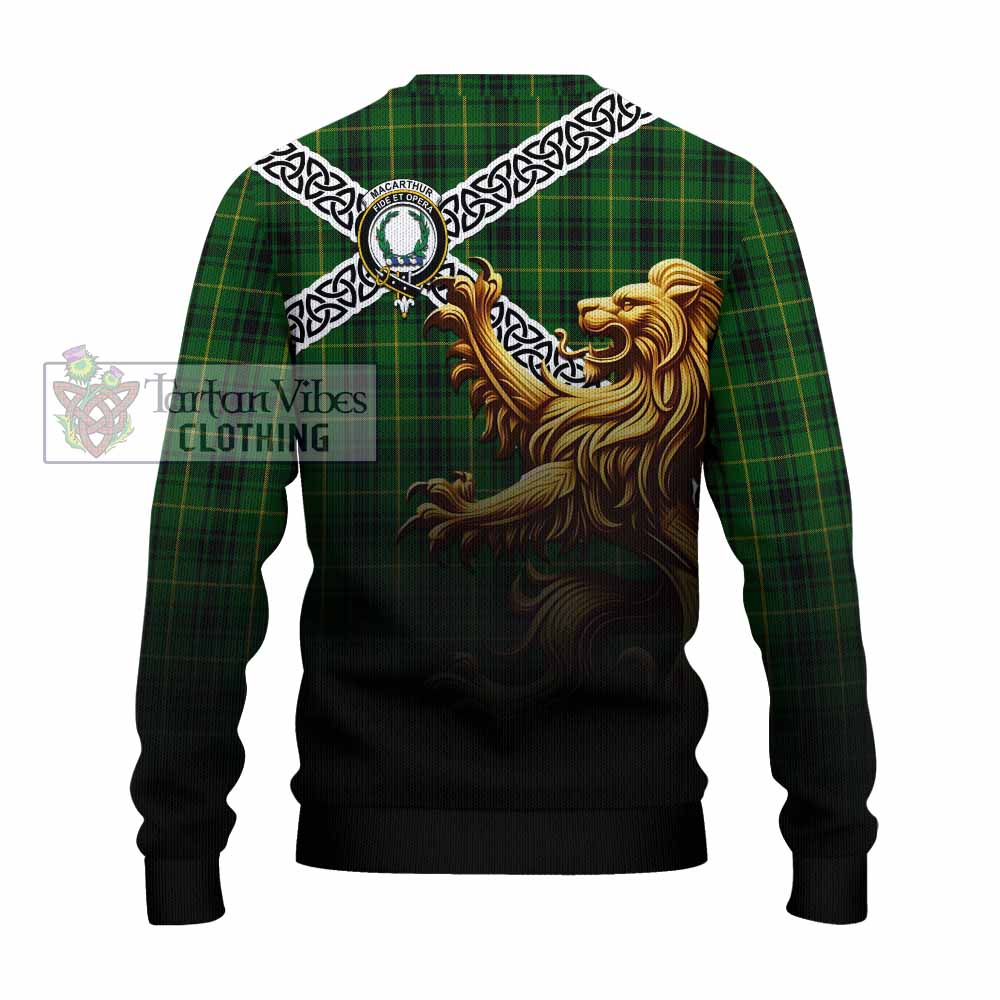 MacArthur (McArthur) Crest Tartan Knitted Sweater with Golden Lion Emblem Celtic Style - Tartan Vibes Clothing