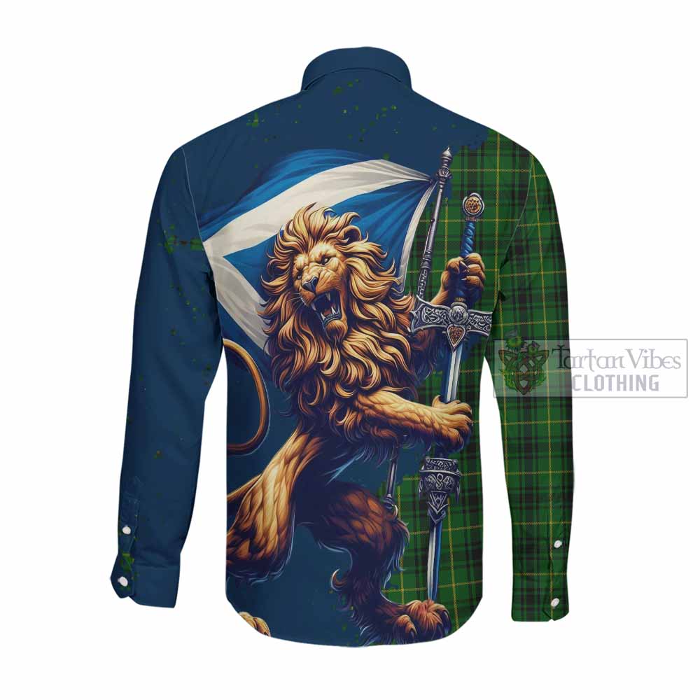 Tartan Vibes Clothing MacArthur (McArthur) Tartan Family Crest Long Sleeve Button Shirt with Scottish Majestic Lion