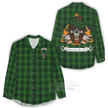 MacArthur (McArthur) Tartan Women's Casual Shirt with Family Crest and Bearded Skull Holding Bottles of Whiskey