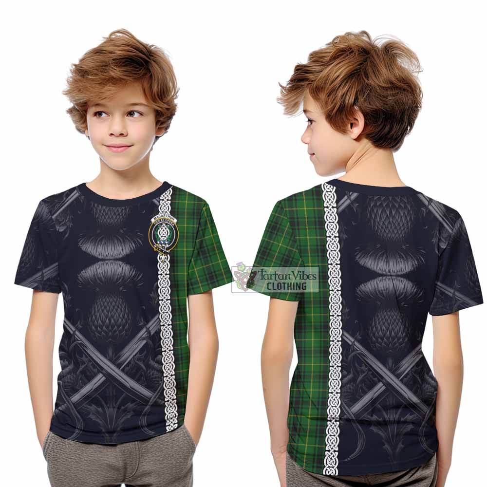 Tartan Vibes Clothing MacArthur (McArthur) Tartan Kid T-Shirt with Family Crest Cross Sword Thistle Celtic Vibes