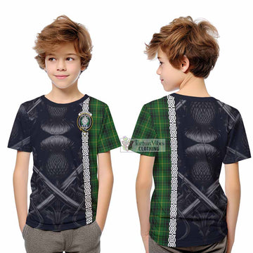 MacArthur (McArthur) Tartan Kid T-Shirt with Family Crest Cross Sword Thistle Celtic Vibes