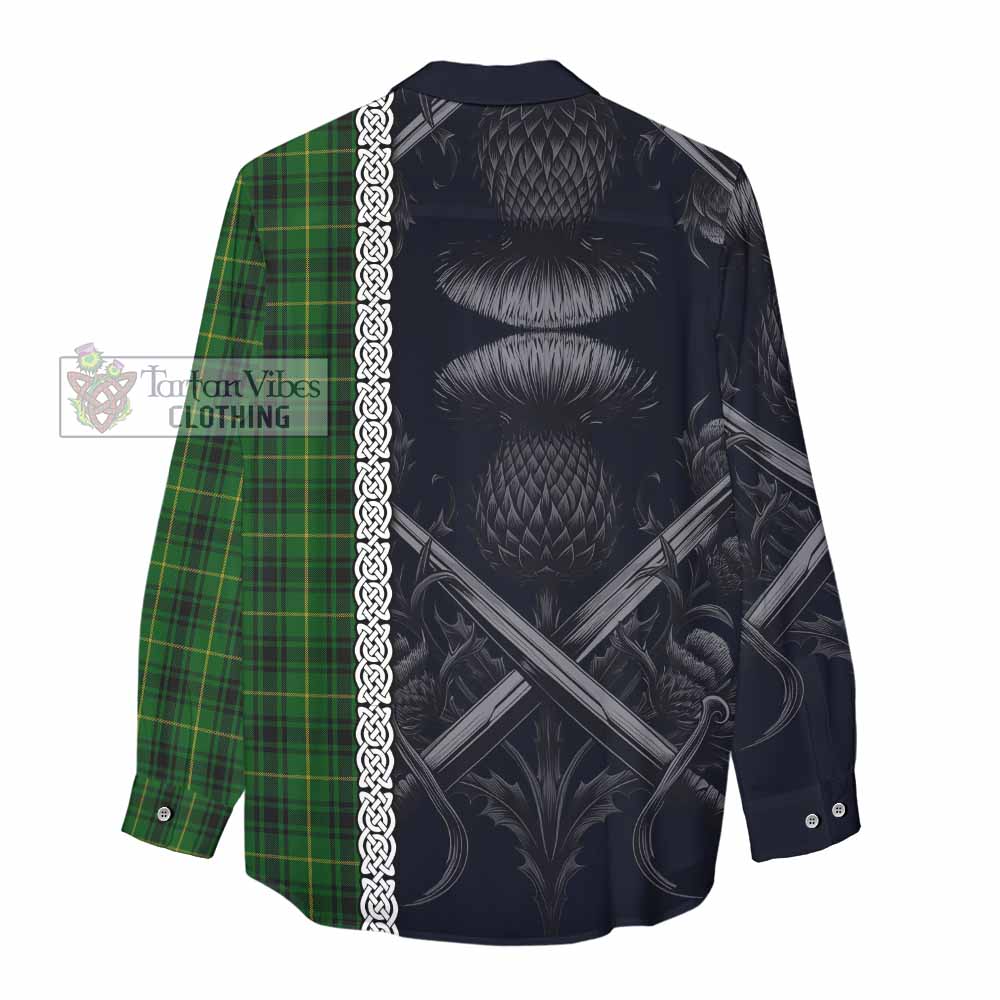 Tartan Vibes Clothing MacArthur (McArthur) Tartan Women's Casual Shirt with Family Crest Cross Sword Thistle Celtic Vibes