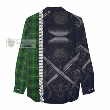 MacArthur (McArthur) Tartan Women's Casual Shirt with Family Crest Cross Sword Thistle Celtic Vibes