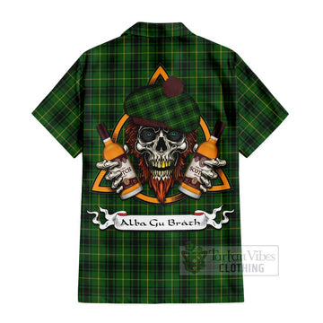 MacArthur (McArthur) Tartan Short Sleeve Button Shirt with Family Crest and Bearded Skull Holding Bottles of Whiskey