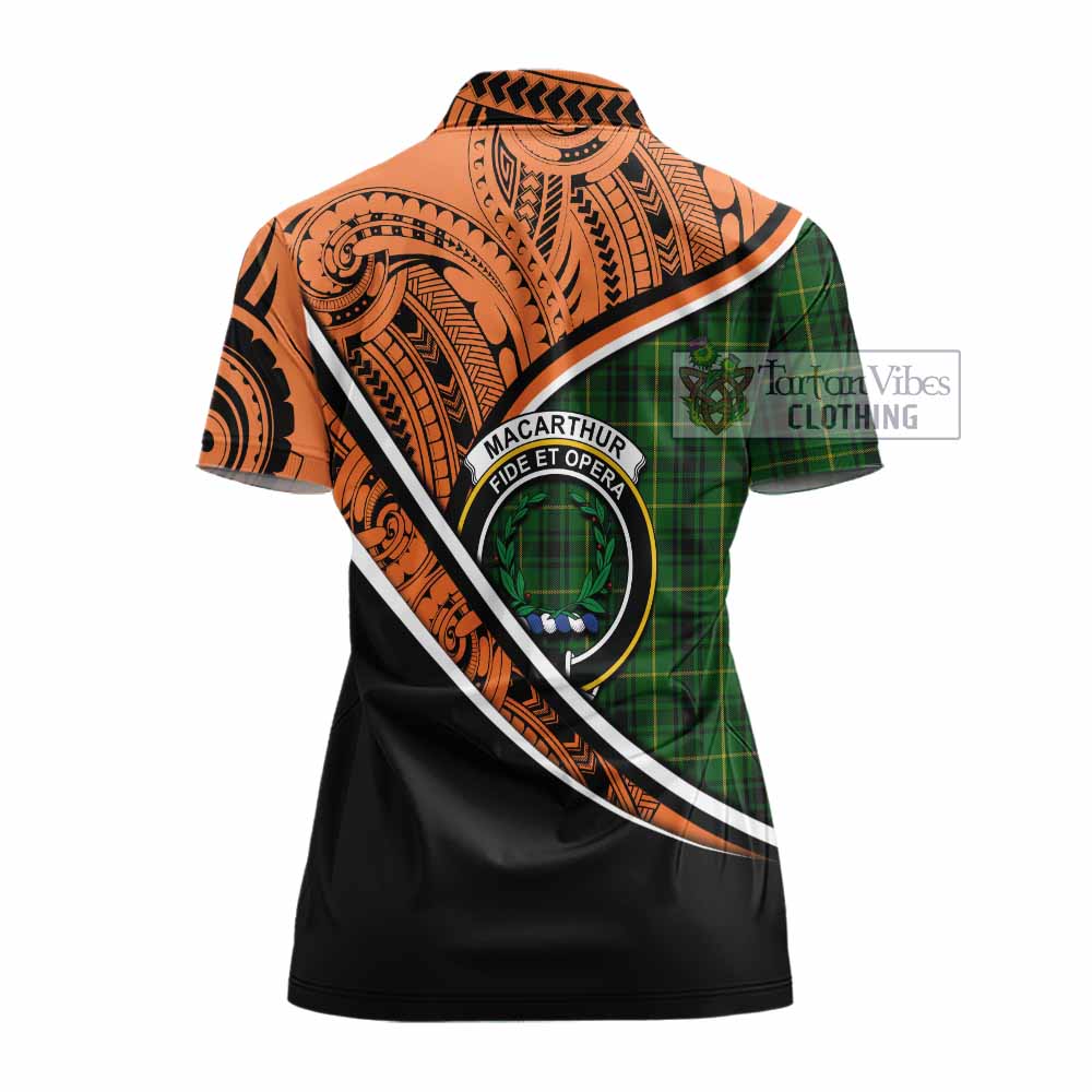 Tartan Vibes Clothing MacArthur (McArthur) Crest Tartan Women's Polo Shirt with Maori Tattoo Style - Orange Version