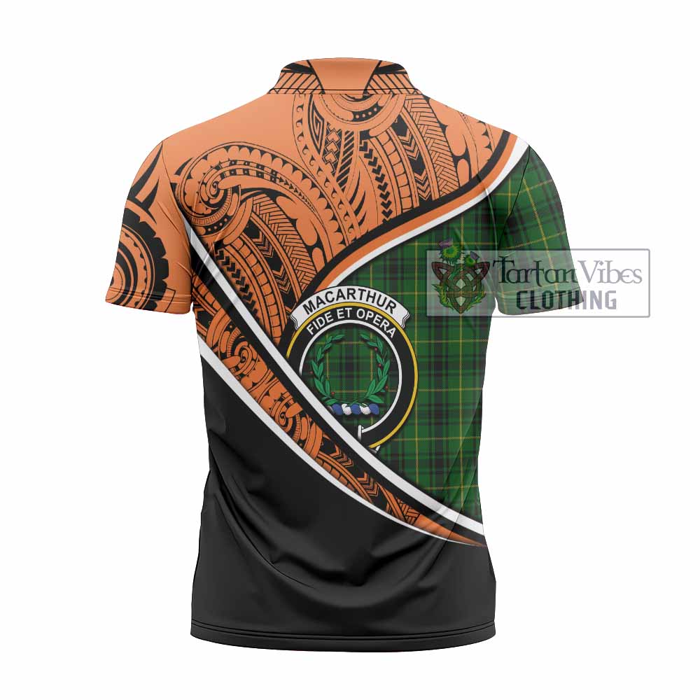 Tartan Vibes Clothing MacArthur (McArthur) Crest Tartan Zipper Polo Shirt with Maori Tattoo Style - Orange Version