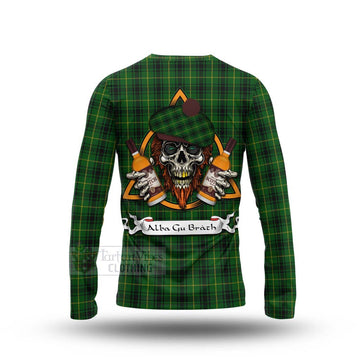 MacArthur (McArthur) Tartan Long Sleeve T-Shirt with Family Crest and Bearded Skull Holding Bottles of Whiskey