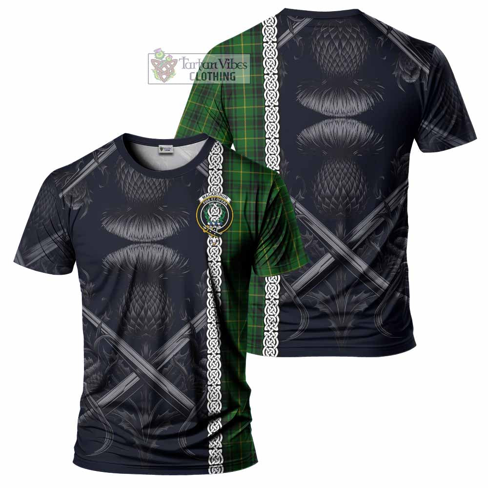 Tartan Vibes Clothing MacArthur (McArthur) Tartan T-Shirt with Family Crest Cross Sword Thistle Celtic Vibes