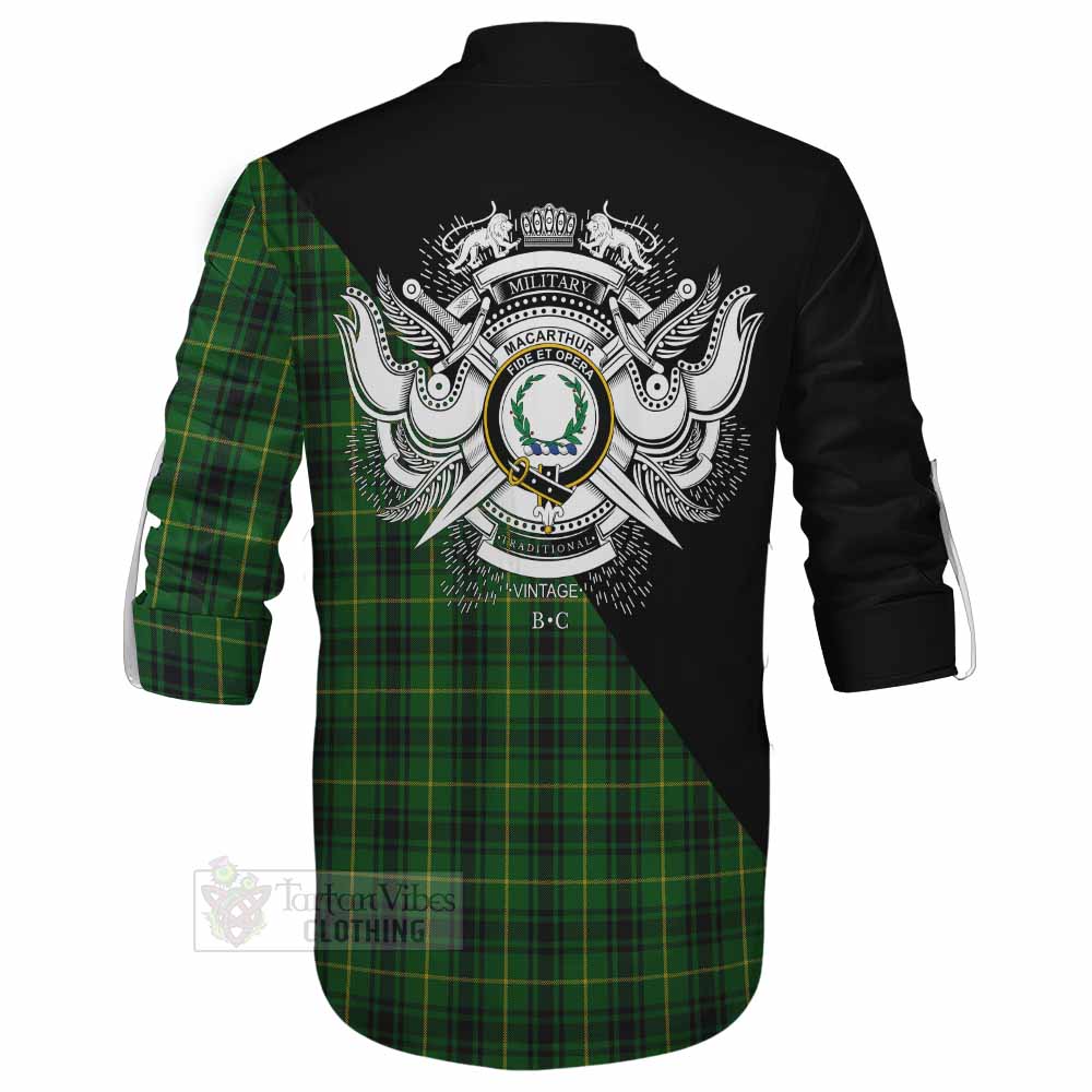 Tartan Vibes Clothing MacArthur (McArthur) Tartan Ghillie Kilt Shirt with Family Crest and Military Logo Style