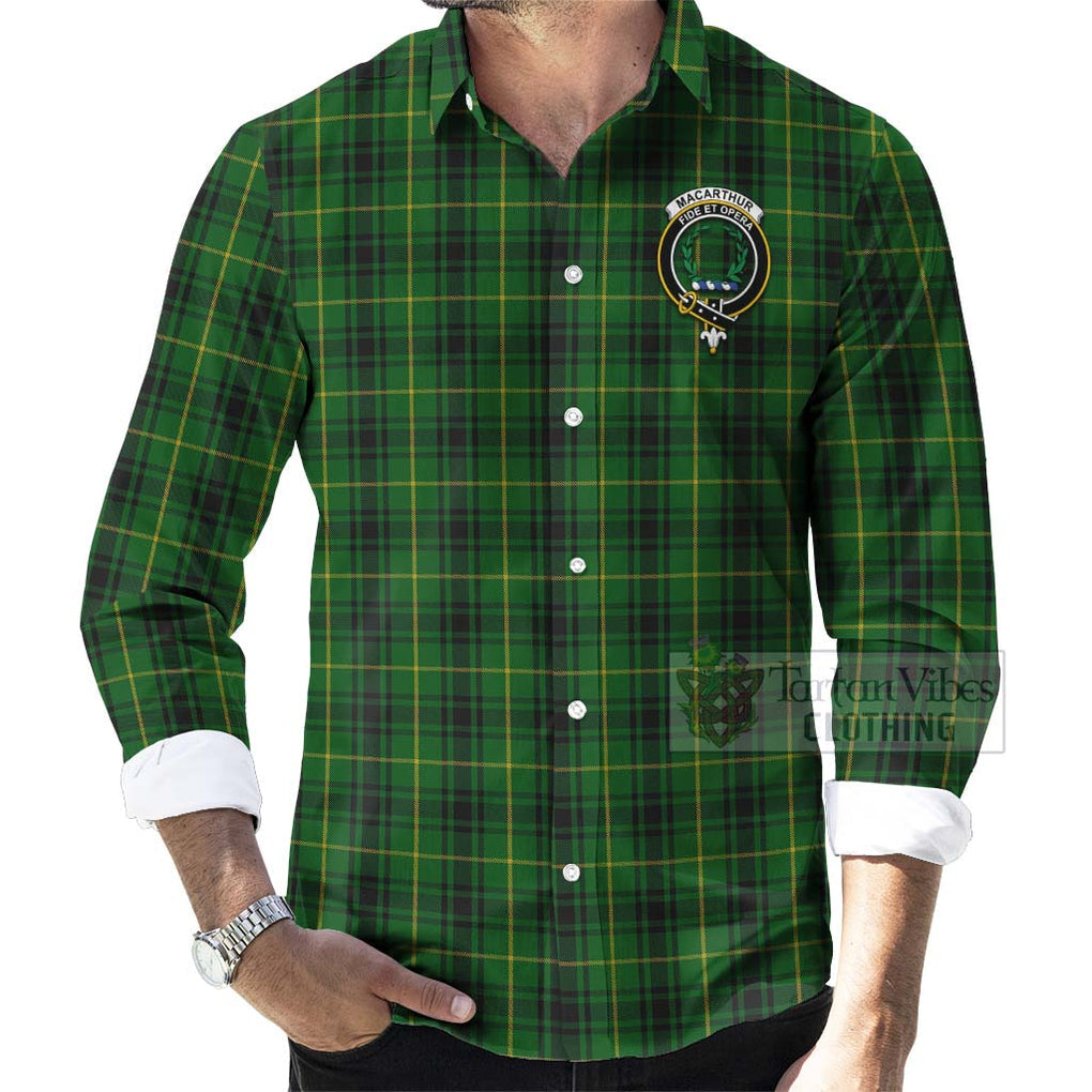 Tartan Vibes Clothing MacArthur (McArthur) Tartan Long Sleeve Button Shirt with Family Crest Celtic Skull Style