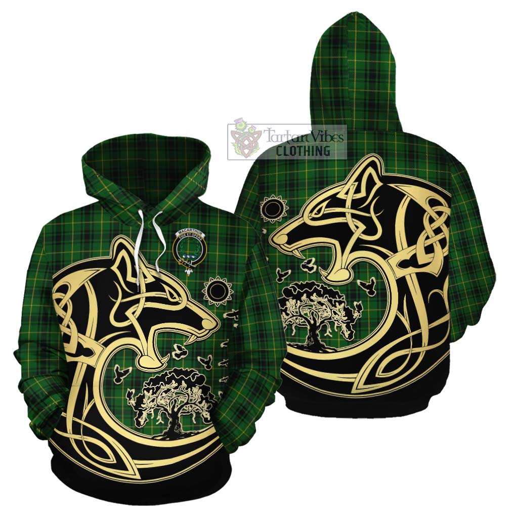 Tartan Vibes Clothing MacArthur (McArthur) Tartan Cotton Hoodie with Family Crest Celtic Wolf Style