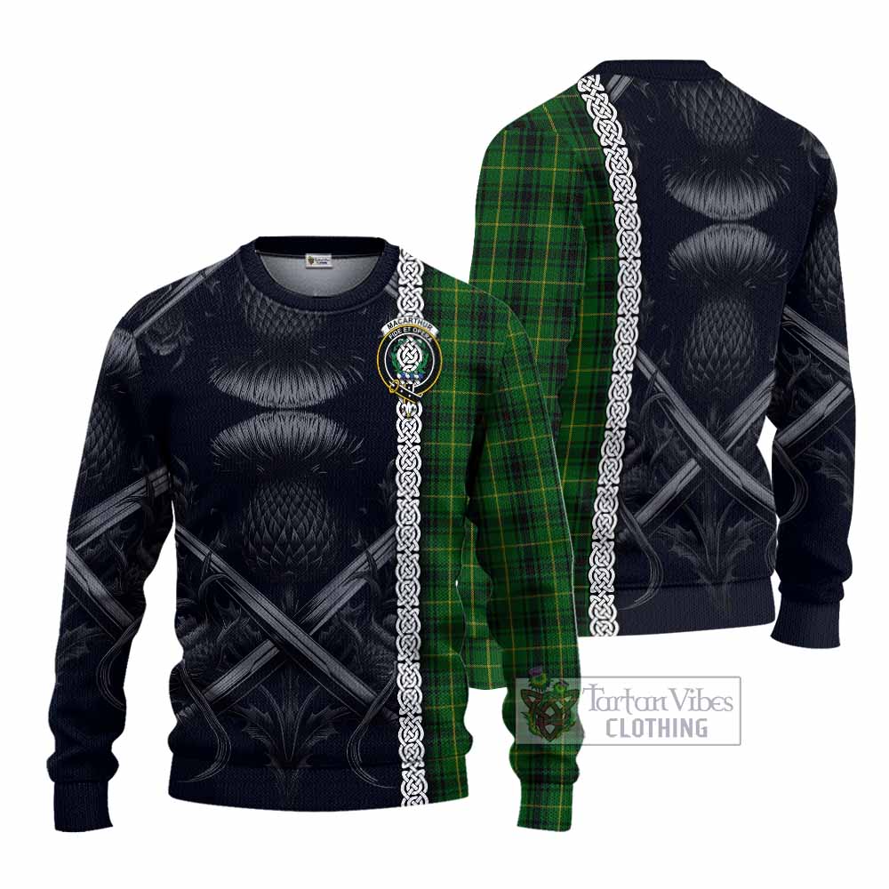 Tartan Vibes Clothing MacArthur (McArthur) Tartan Knitted Sweater with Family Crest Cross Sword Thistle Celtic Vibes