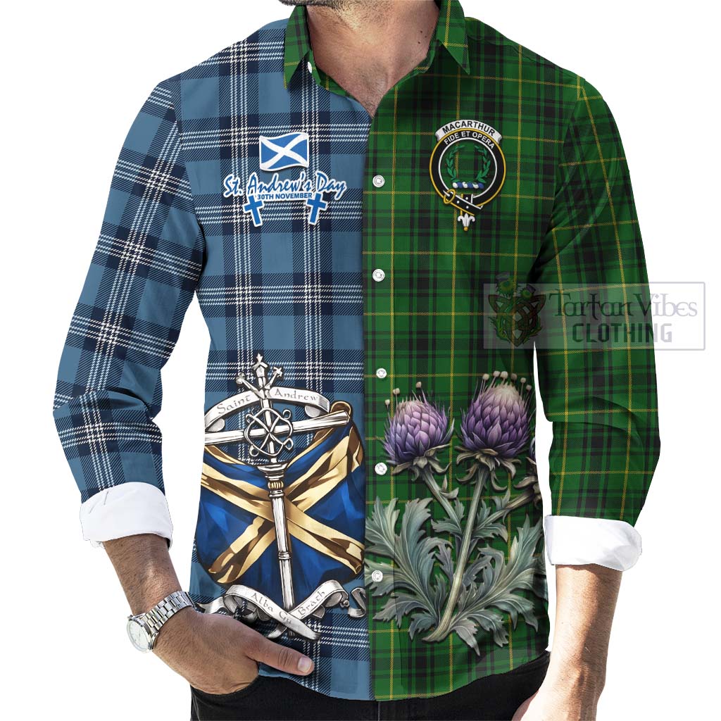 Tartan Vibes Clothing MacArthur (McArthur) Tartan Long Sleeve Button Shirt Happy St. Andrew's Day Half Tartan Style