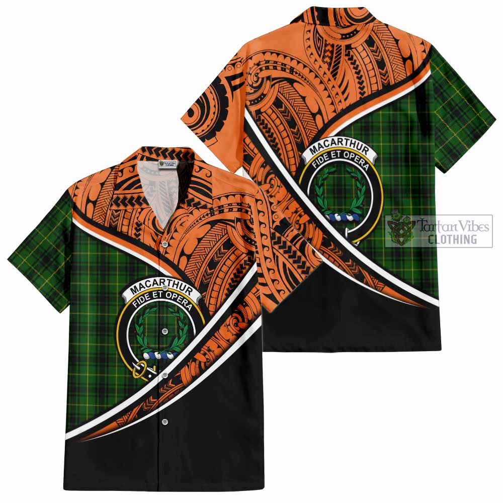 Tartan Vibes Clothing MacArthur (McArthur) Crest Tartan Short Sleeve Button Shirt with Maori Tattoo Style - Orange Version