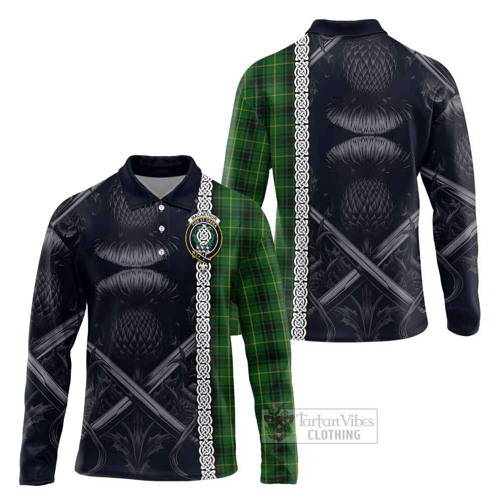 Tartan Vibes Clothing MacArthur (McArthur) Tartan Long Sleeve Polo Shirt with Family Crest Cross Sword Thistle Celtic Vibes