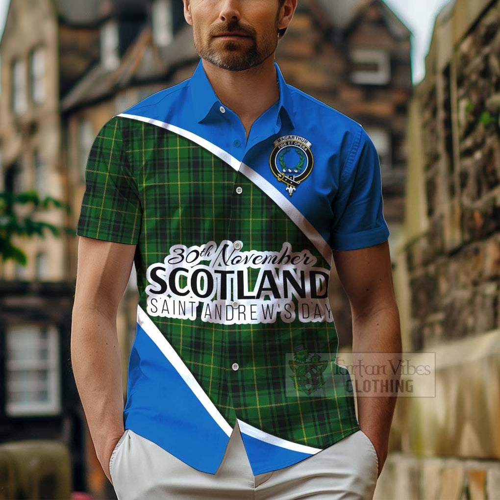 Tartan Vibes Clothing MacArthur (McArthur) Family Crest Tartan Short Sleeve Button Shirt Celebrate Saint Andrew's Day in Style