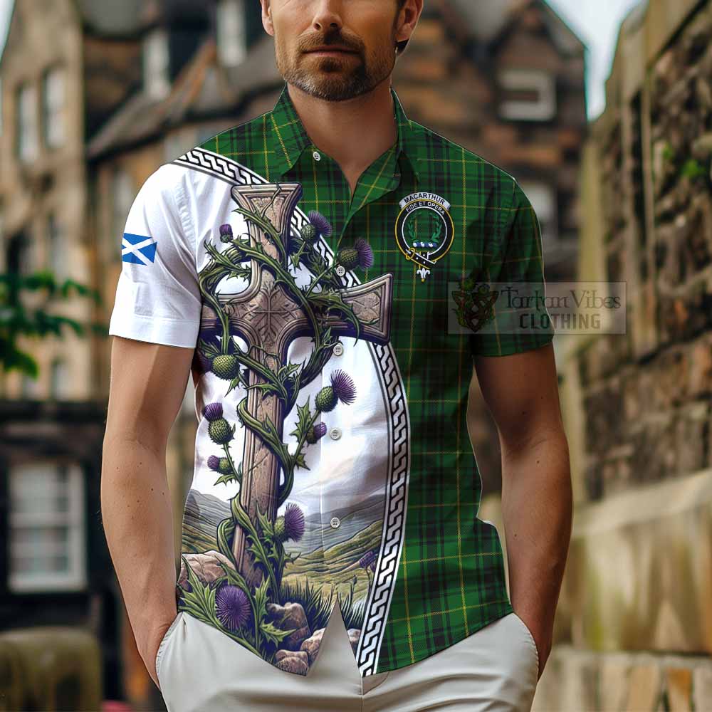 Tartan Vibes Clothing MacArthur (McArthur) Tartan Short Sleeve Button Shirt with Family Crest and St. Andrew's Cross Accented by Thistle Vines