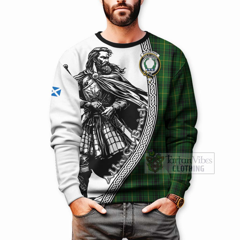 Tartan Vibes Clothing MacArthur (McArthur) Tartan Clan Crest Sweatshirt with Highlander Warrior Celtic Style