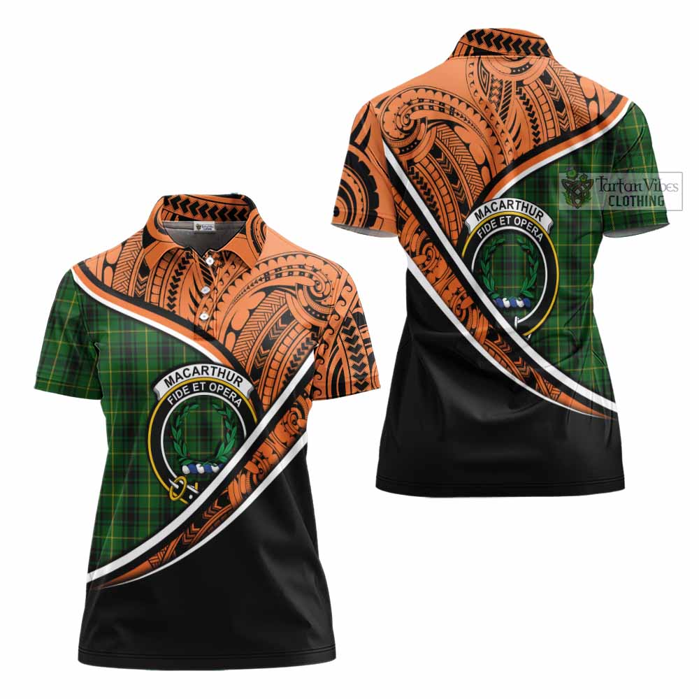 Tartan Vibes Clothing MacArthur (McArthur) Crest Tartan Women's Polo Shirt with Maori Tattoo Style - Orange Version