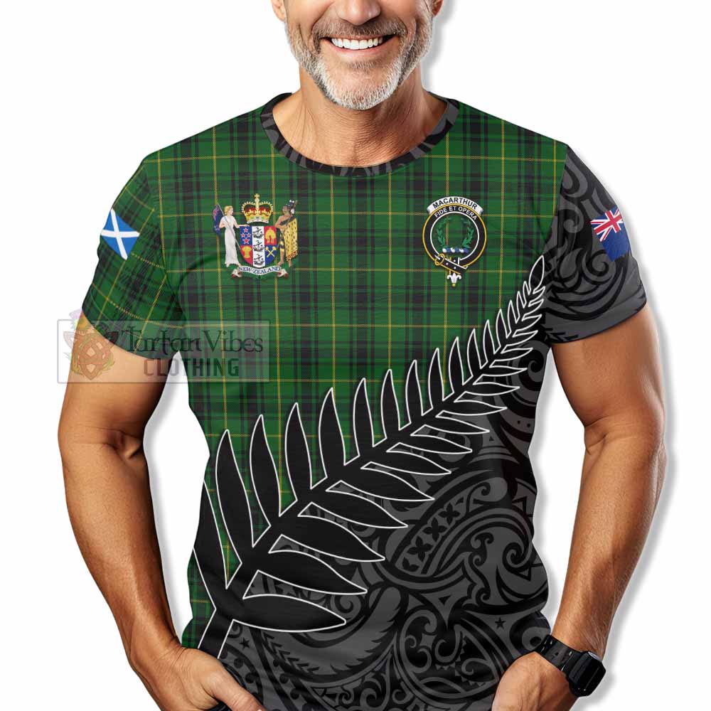 Tartan Vibes Clothing MacArthur (McArthur) Crest Tartan T-Shirt with New Zealand Silver Fern Half Style