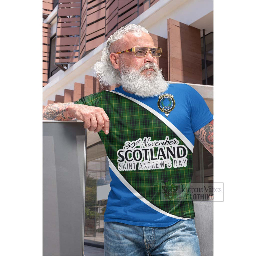 Tartan Vibes Clothing MacArthur (McArthur) Family Crest Tartan Cotton T-shirt Celebrate Saint Andrew's Day in Style